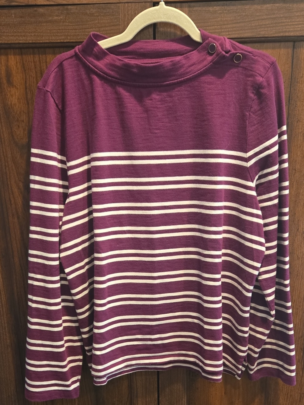 Talbots Plum and White Striped Long-Sleeve Top with Shoulder Snaps